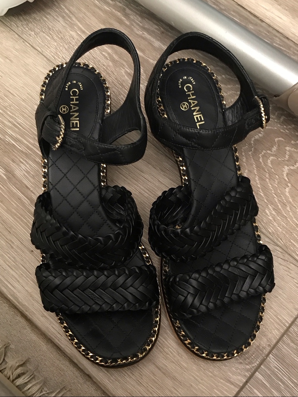 CHANEL Black Braided Leather Chain-Trim Slingback Sandals